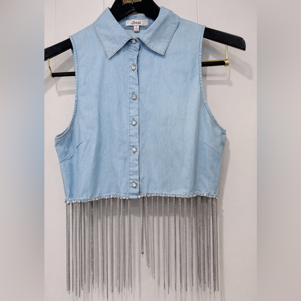 Boutique Denim Fringe Rhinestone Crop Top Western Cowgirl Rodeo Concert Large